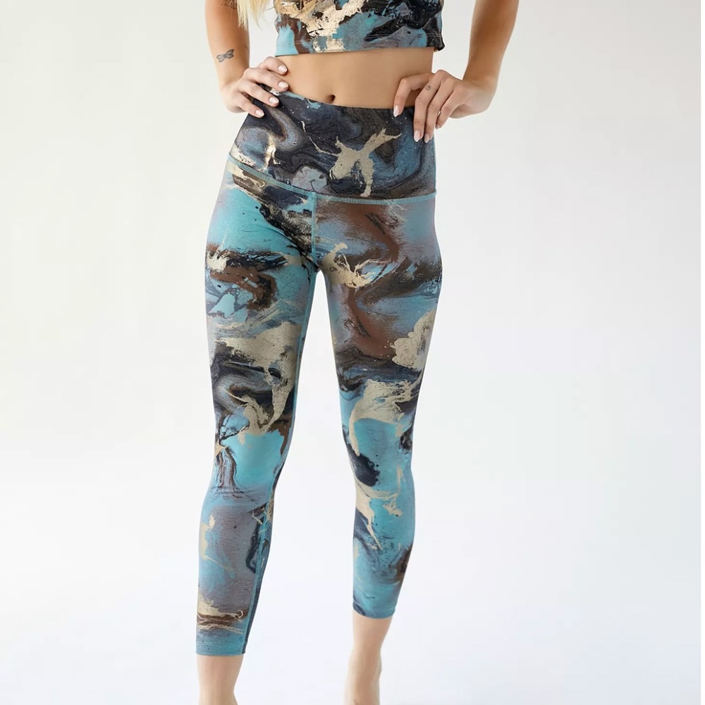 Beyond Yoga High Waisted Leggings Teal Gold Marble Swirl XS Yoga Pants